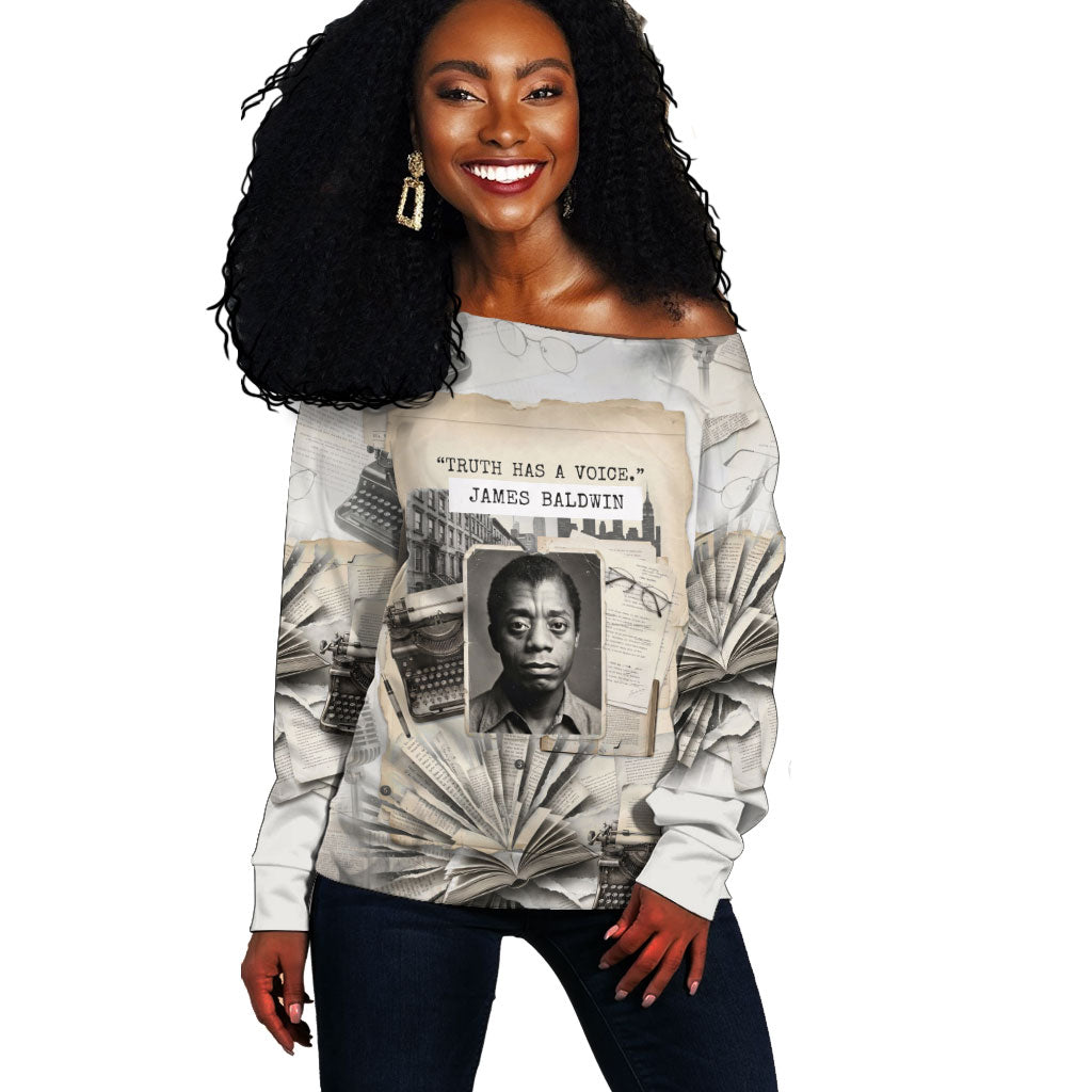 James Baldwin Truth Has A Voice Off Shoulder Sweater Vintage Newspaper Collage Book Writer