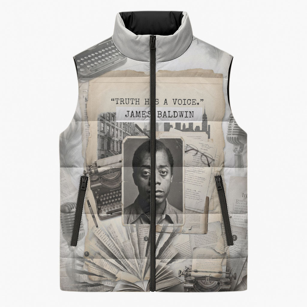 James Baldwin Truth Has A Voice Sleeveless Puffer Jacket Vintage Newspaper Collage Book Writer