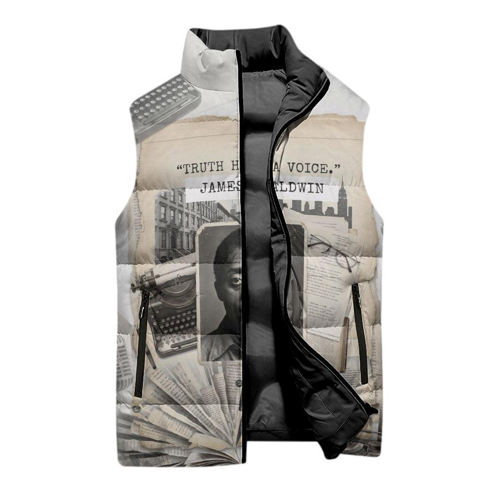 James Baldwin Truth Has A Voice Sleeveless Puffer Jacket Vintage Newspaper Collage Book Writer
