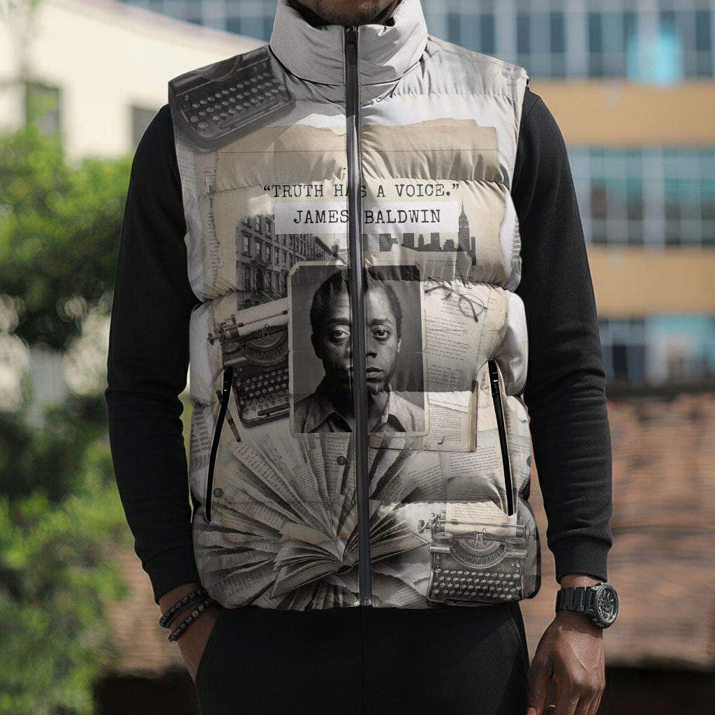 James Baldwin Truth Has A Voice Sleeveless Puffer Jacket Vintage Newspaper Collage Book Writer