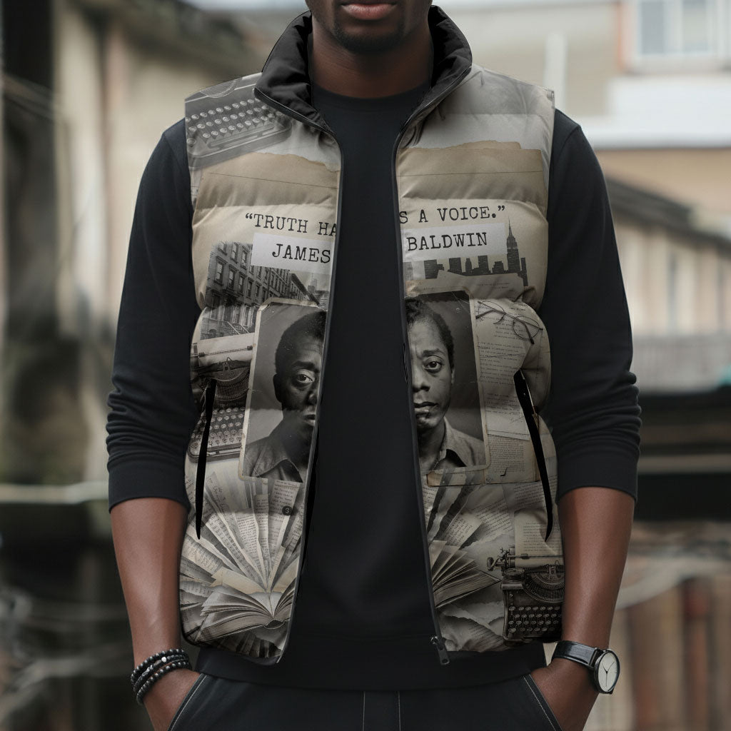 James Baldwin Truth Has A Voice Sleeveless Puffer Jacket Vintage Newspaper Collage Book Writer