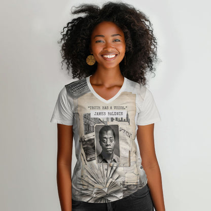 James Baldwin Truth Has A Voice Women V-Neck T-Shirt Vintage Newspaper Collage Book Writer