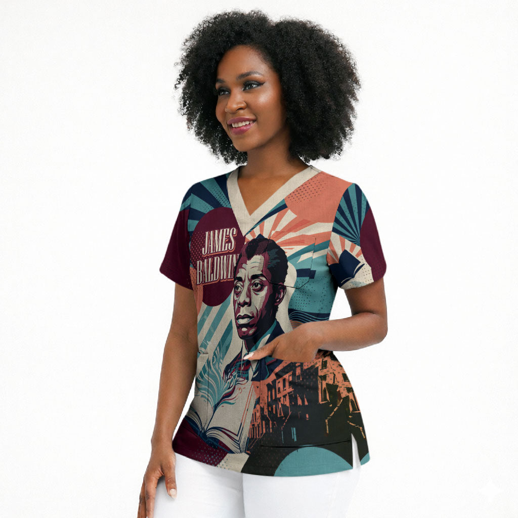 James Baldwin Let The Truth Stand Tall Scrub Top Retro Pop Art Vintage Book Writer Portrait