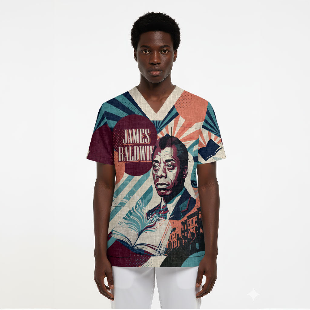 James Baldwin Let The Truth Stand Tall Scrub Top Retro Pop Art Vintage Book Writer Portrait
