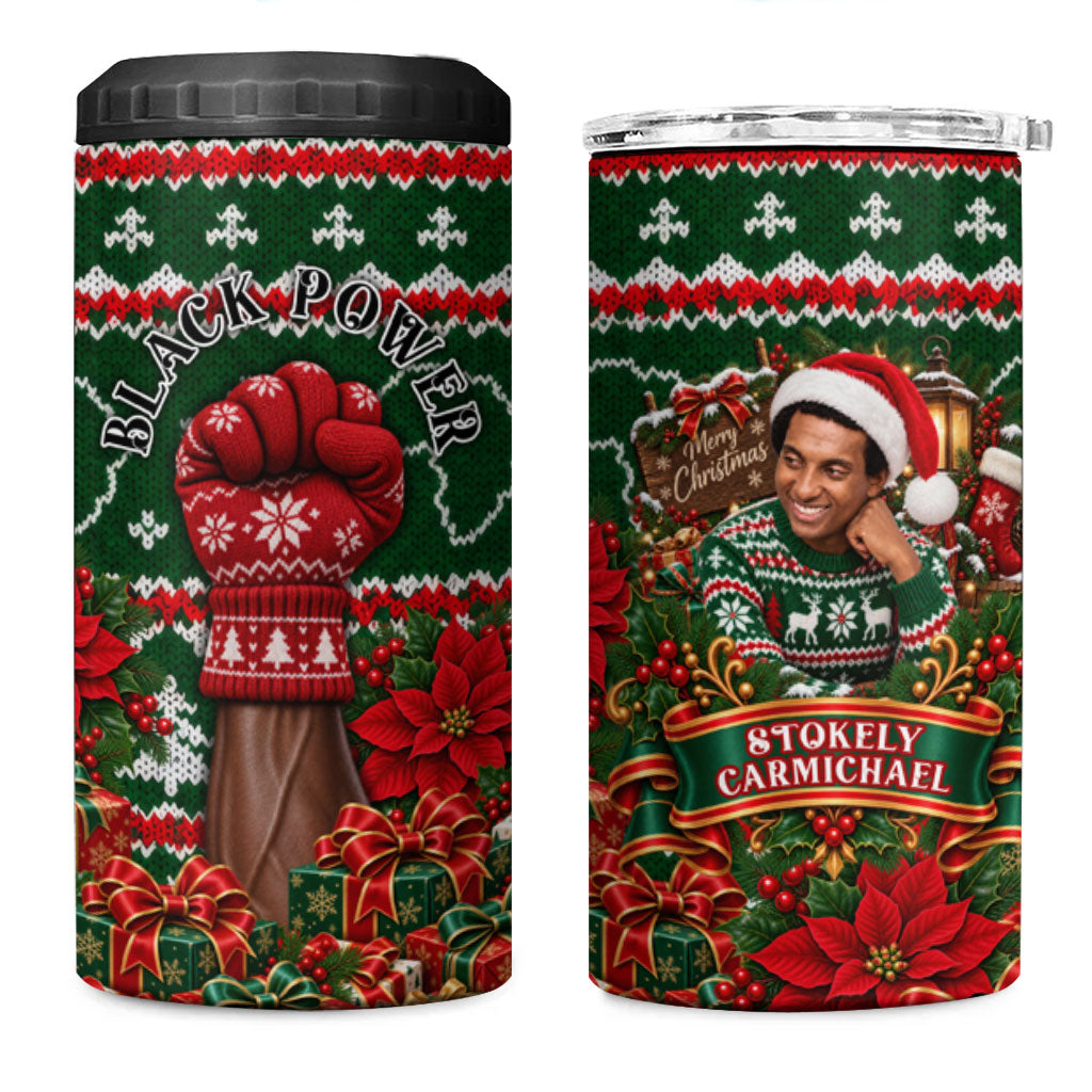Stokely Carmichael Black Power Christmas 4 in 1 Can Cooler Tumbler Retro Ugly Christmas Pattern Civil Rights Leader Pan African
