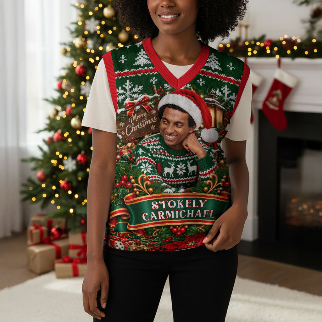 Stokely Carmichael Black Power Christmas Knitted V-Neck Vest Retro Ugly Christmas Pattern Civil Rights Leader Pan African