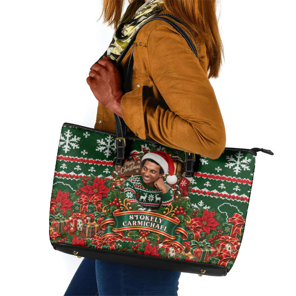 Stokely Carmichael Black Power Christmas Leather Tote Bag Retro Ugly Christmas Pattern Civil Rights Leader Pan African