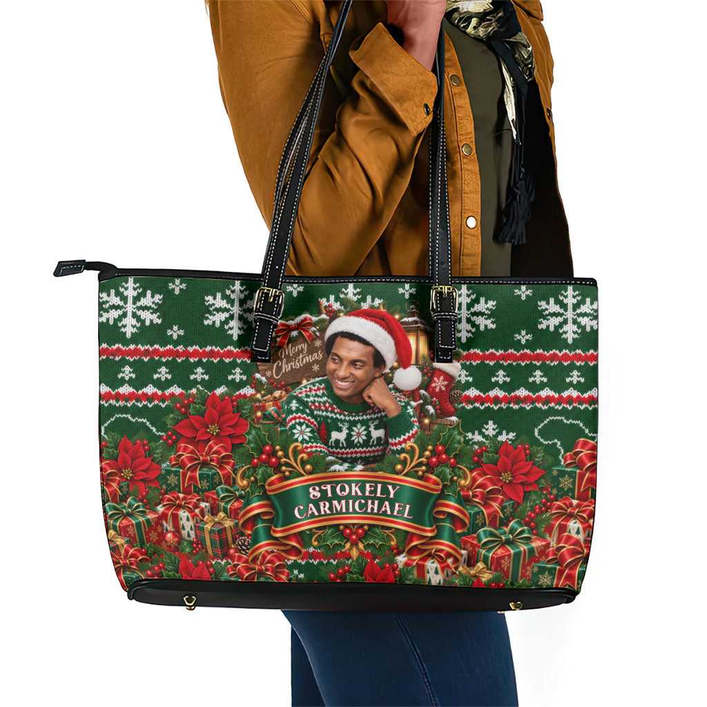 Stokely Carmichael Black Power Christmas Leather Tote Bag Retro Ugly Christmas Pattern Civil Rights Leader Pan African