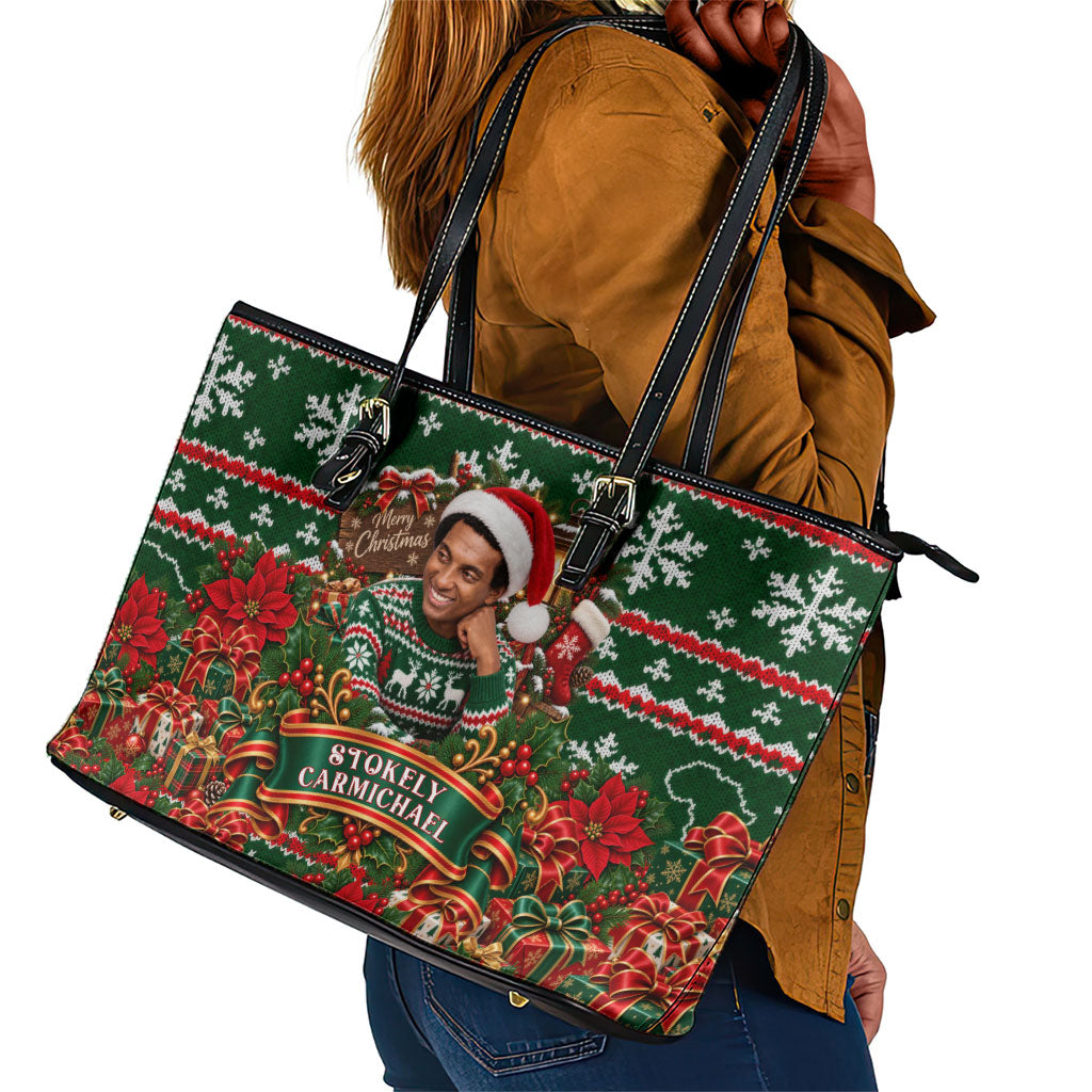Stokely Carmichael Black Power Christmas Leather Tote Bag Retro Ugly Christmas Pattern Civil Rights Leader Pan African