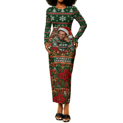 Stokely Carmichael Black Power Christmas Long Sleeve Bodycon Dress Retro Ugly Christmas Pattern Civil Rights Leader Pan African