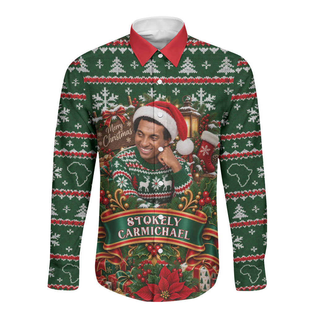 Stokely Carmichael Black Power Christmas Long Sleeve Button Shirt Retro Ugly Christmas Pattern Civil Rights Leader Pan African