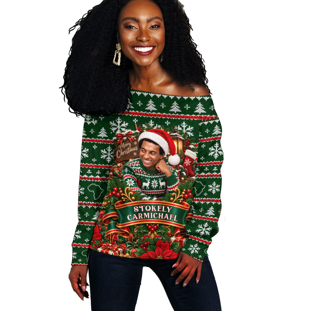 Stokely Carmichael Black Power Christmas Off Shoulder Sweater Retro Ugly Christmas Pattern Civil Rights Leader Pan African