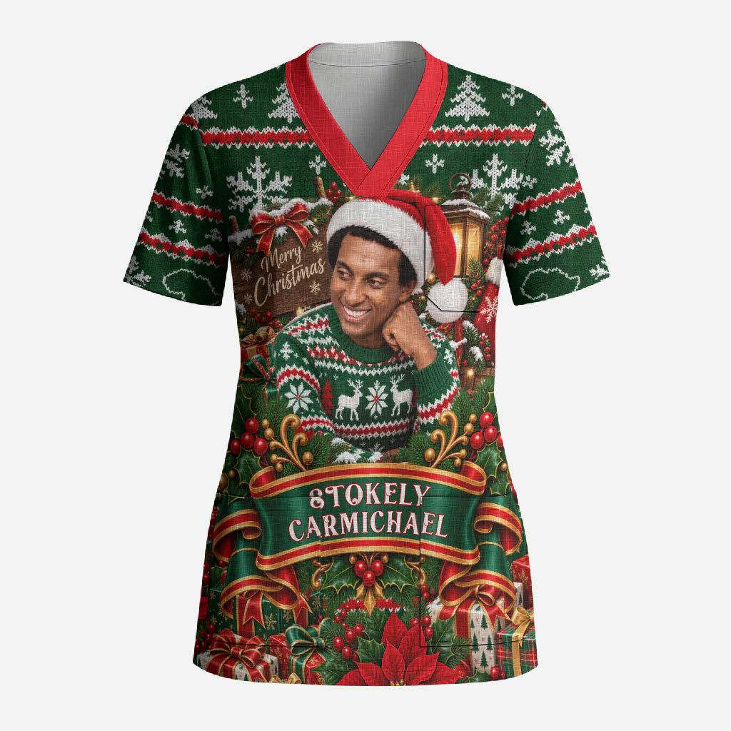 Stokely Carmichael Black Power Christmas Scrub Top Retro Ugly Christmas Pattern Civil Rights Leader Pan African