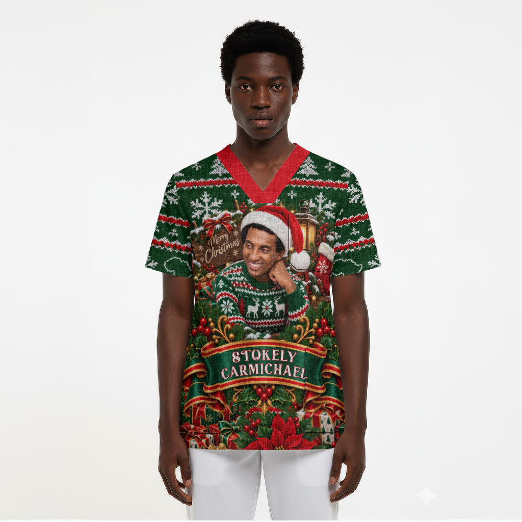 Stokely Carmichael Black Power Christmas Scrub Top Retro Ugly Christmas Pattern Civil Rights Leader Pan African