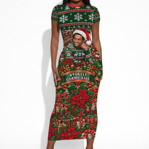 Stokely Carmichael Black Power Christmas Short Sleeve Bodycon Dress Retro Ugly Christmas Pattern Civil Rights Leader Pan African