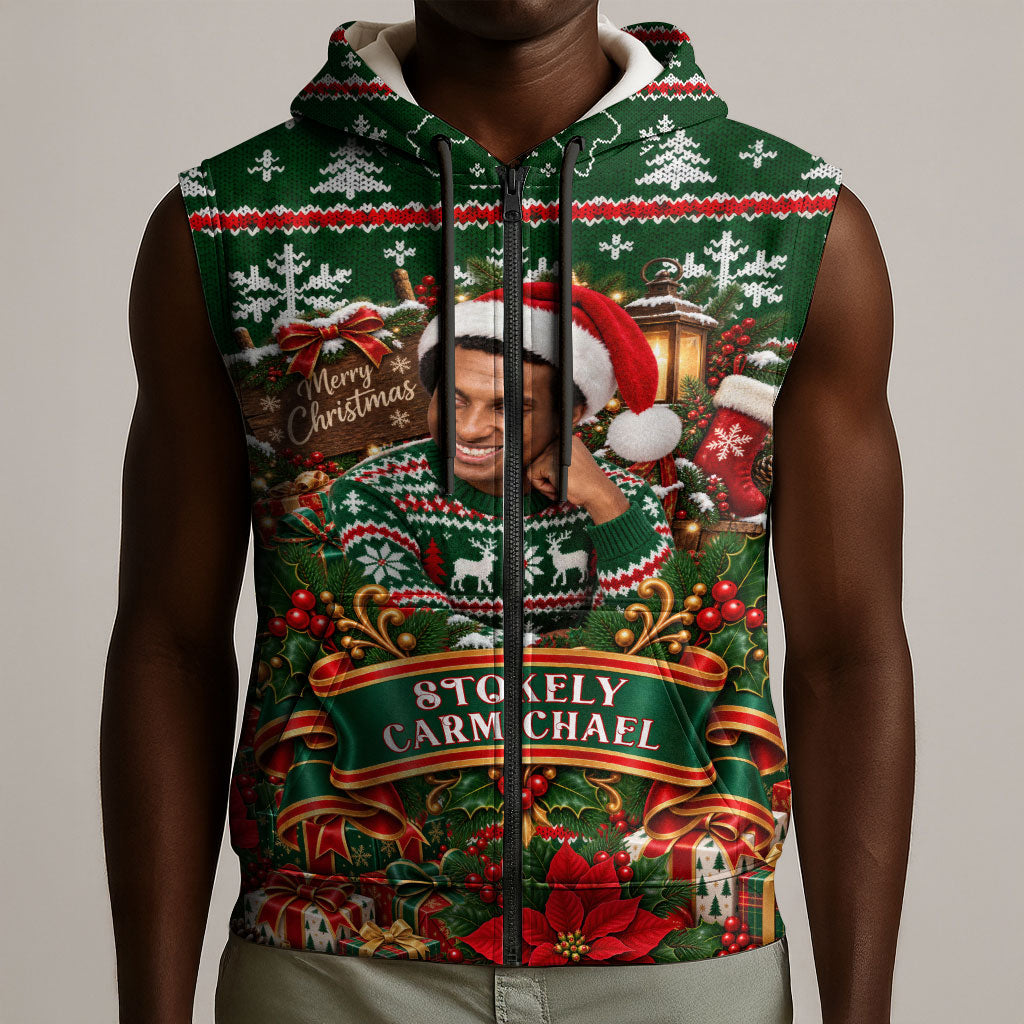 Stokely Carmichael Black Power Christmas Sleeveless Zip Hoodie Retro Ugly Christmas Pattern Civil Rights Leader Pan African