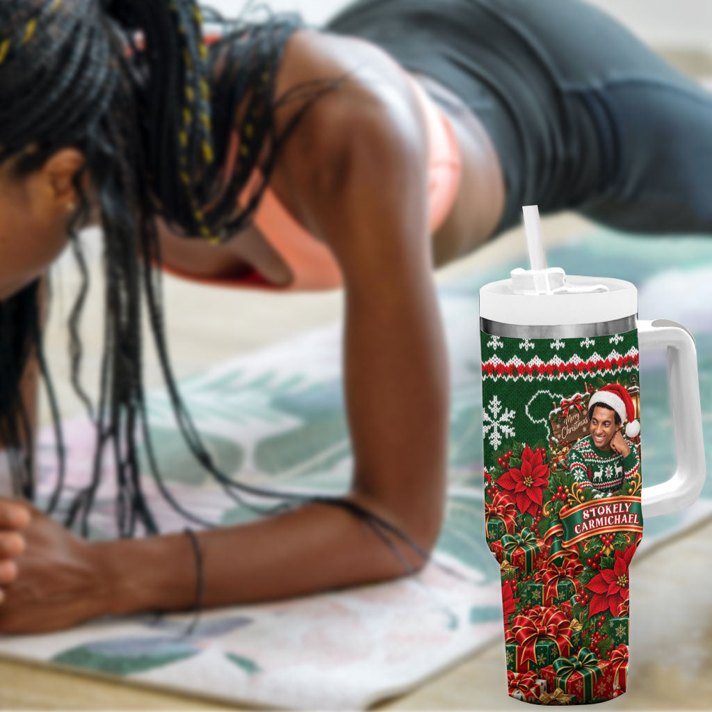 Stokely Carmichael Black Power Christmas Tumbler With Handle Retro Ugly Christmas Pattern Civil Rights Leader Pan African