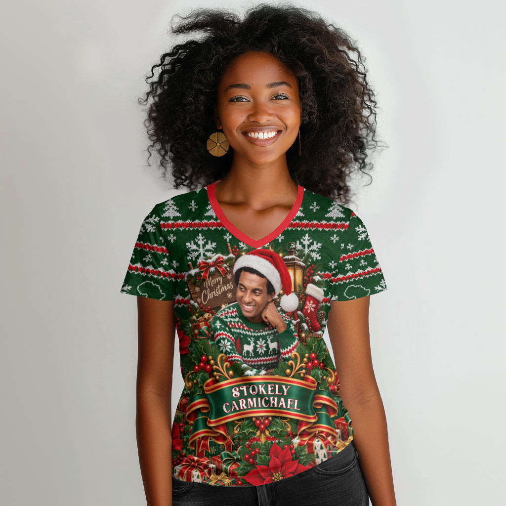 Stokely Carmichael Black Power Christmas Women V-Neck T-Shirt Retro Ugly Christmas Pattern Civil Rights Leader Pan African