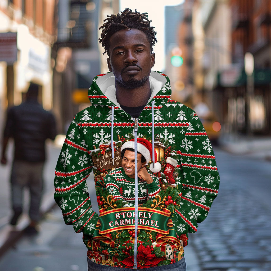 Stokely Carmichael Black Power Christmas Zip Hoodie Retro Ugly Christmas Pattern Civil Rights Leader Pan African
