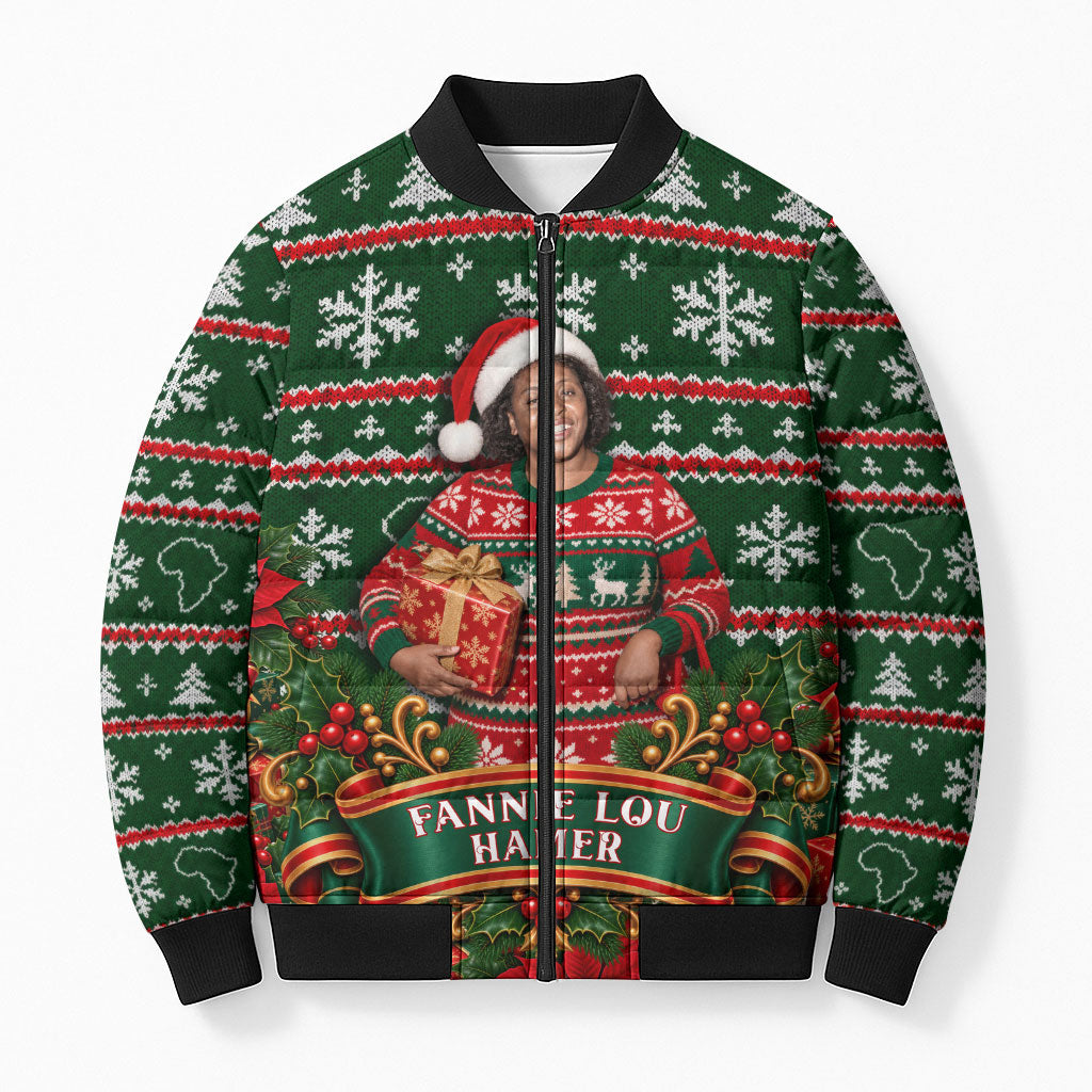 Fannie Lou Hamer Christmas Bomber Puffer Jacket Retro Ugly Christmas Pattern Civil Rights Activist Pan African