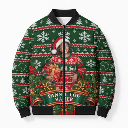 Fannie Lou Hamer Christmas Bomber Puffer Jacket Retro Ugly Christmas Pattern Civil Rights Activist Pan African