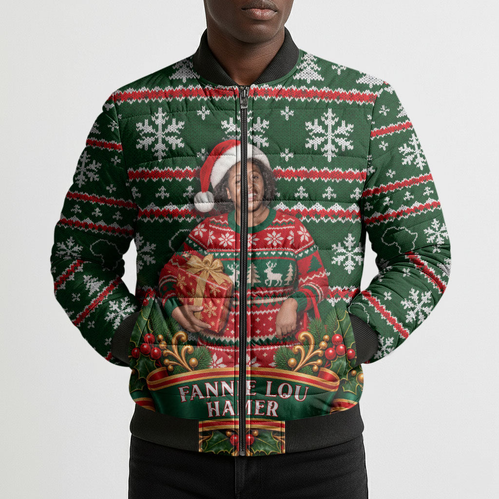 Fannie Lou Hamer Christmas Bomber Puffer Jacket Retro Ugly Christmas Pattern Civil Rights Activist Pan African