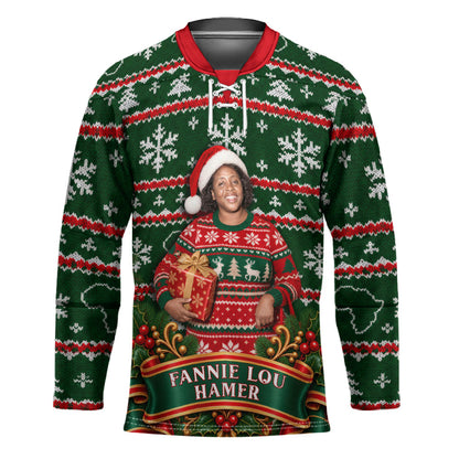 Fannie Lou Hamer Christmas Hockey Jersey Retro Ugly Christmas Pattern Civil Rights Activist Pan African