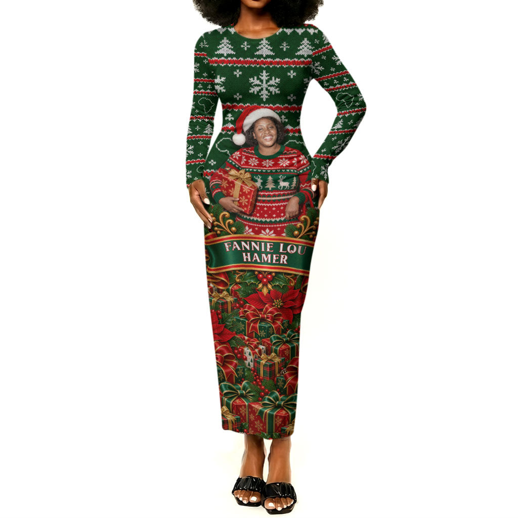 Fannie Lou Hamer Christmas Long Sleeve Bodycon Dress Retro Ugly Christmas Pattern Civil Rights Activist Pan African