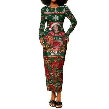 Fannie Lou Hamer Christmas Long Sleeve Bodycon Dress Retro Ugly Christmas Pattern Civil Rights Activist Pan African