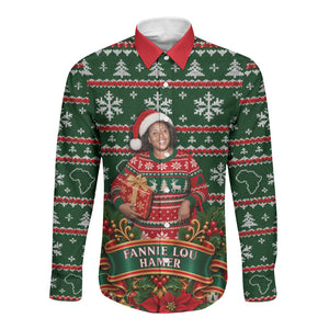 Fannie Lou Hamer Christmas Long Sleeve Button Shirt Retro Ugly Christmas Pattern Civil Rights Activist Pan African