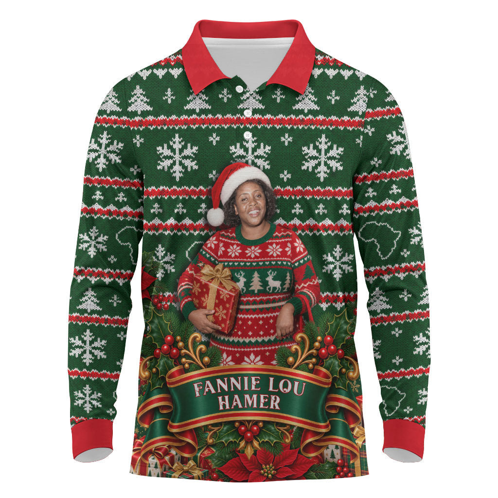 Fannie Lou Hamer Christmas Long Sleeve Polo Shirt Retro Ugly Christmas Pattern Civil Rights Activist Pan African