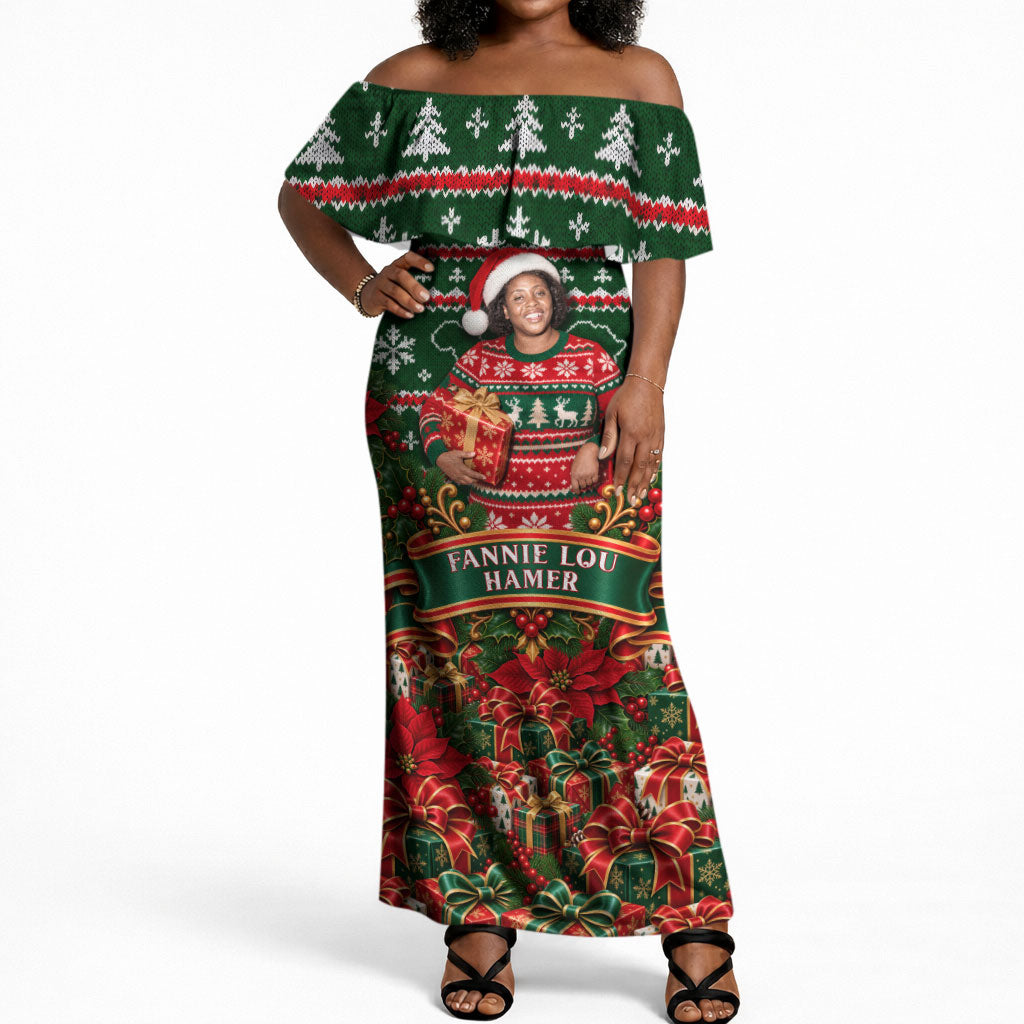 Fannie Lou Hamer Christmas Off Shoulder Maxi Dress Retro Ugly Christmas Pattern Civil Rights Activist Pan African