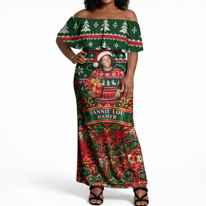 Fannie Lou Hamer Christmas Off Shoulder Maxi Dress Retro Ugly Christmas Pattern Civil Rights Activist Pan African