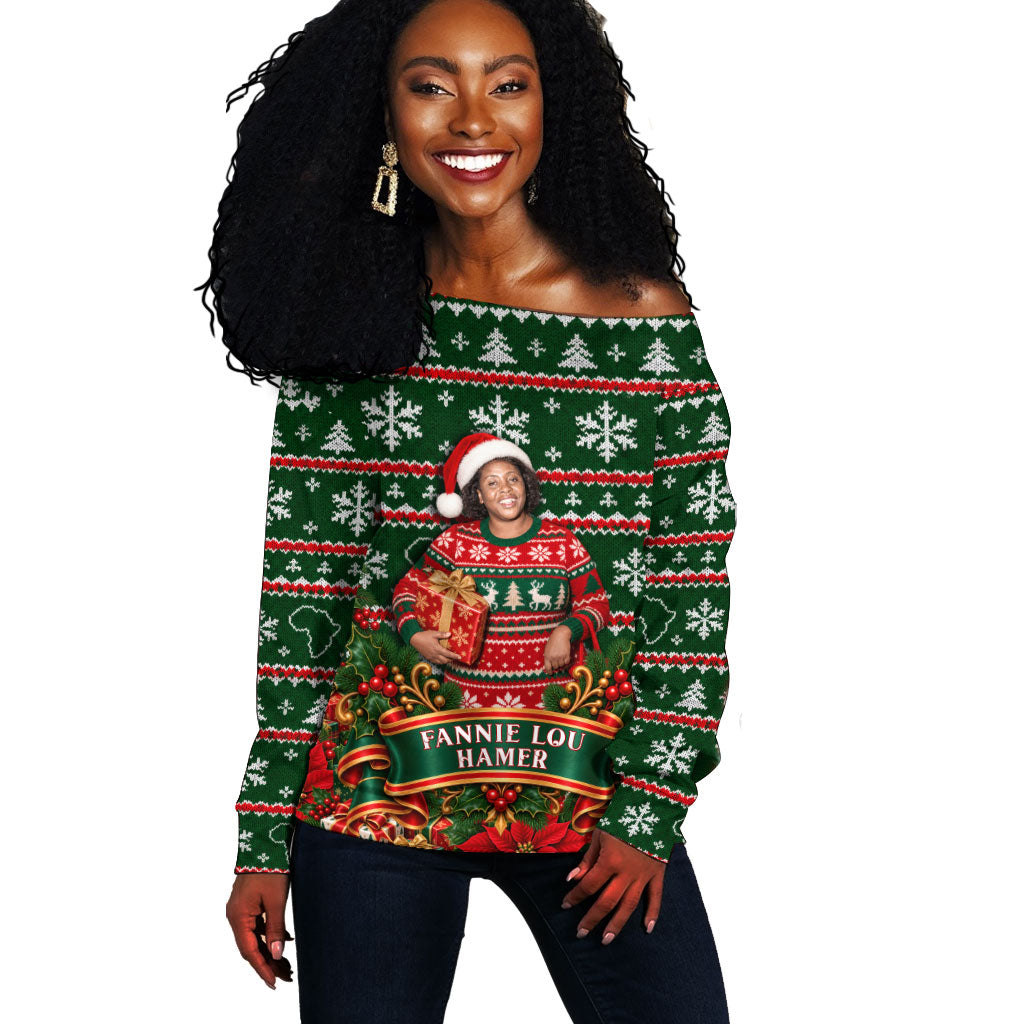 Fannie Lou Hamer Christmas Off Shoulder Sweater Retro Ugly Christmas Pattern Civil Rights Activist Pan African