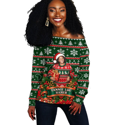 Fannie Lou Hamer Christmas Off Shoulder Sweater Retro Ugly Christmas Pattern Civil Rights Activist Pan African