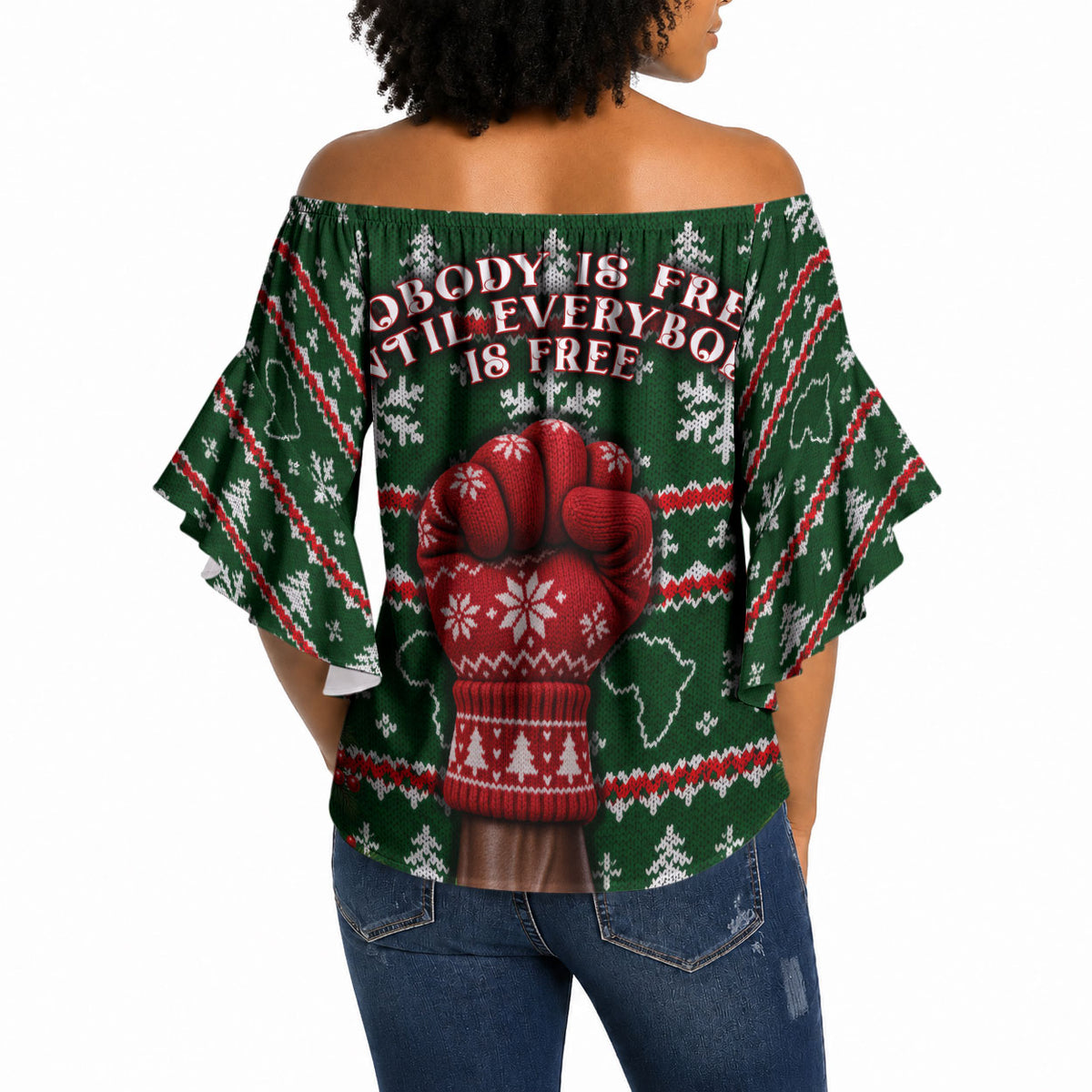 Fannie Lou Hamer Christmas Off Shoulder Wrap Waist Top Retro Ugly Christmas Pattern Civil Rights Activist Pan African