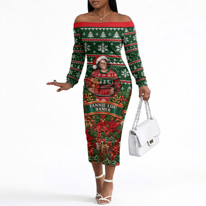 Fannie Lou Hamer Christmas Off The Shoulder Long Sleeve Dress Retro Ugly Christmas Pattern Civil Rights Activist Pan African