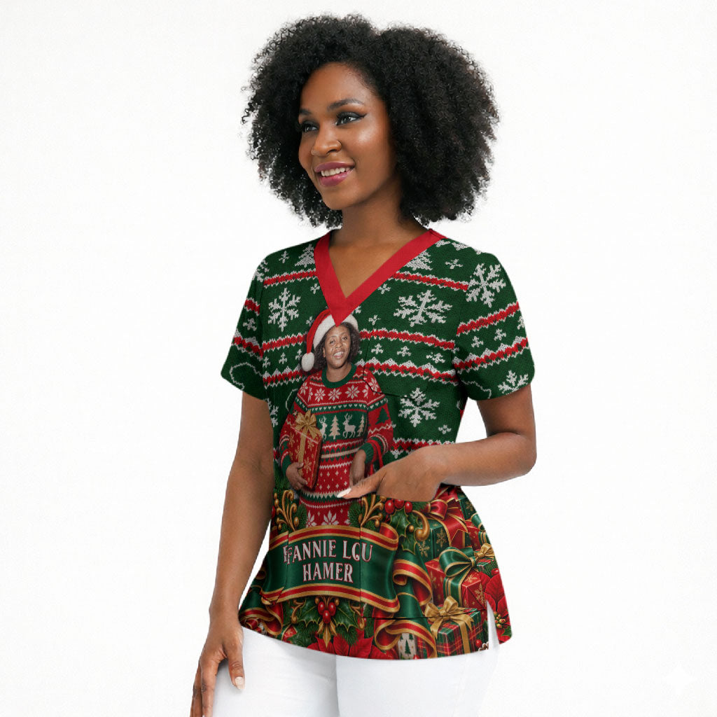 Fannie Lou Hamer Christmas Scrub Top Retro Ugly Christmas Pattern Civil Rights Activist Pan African