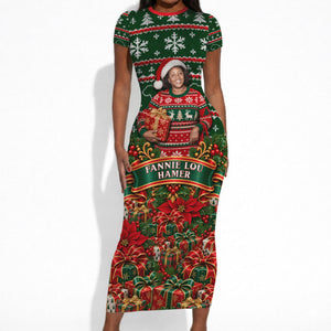 Fannie Lou Hamer Christmas Short Sleeve Bodycon Dress Retro Ugly Christmas Pattern Civil Rights Activist Pan African