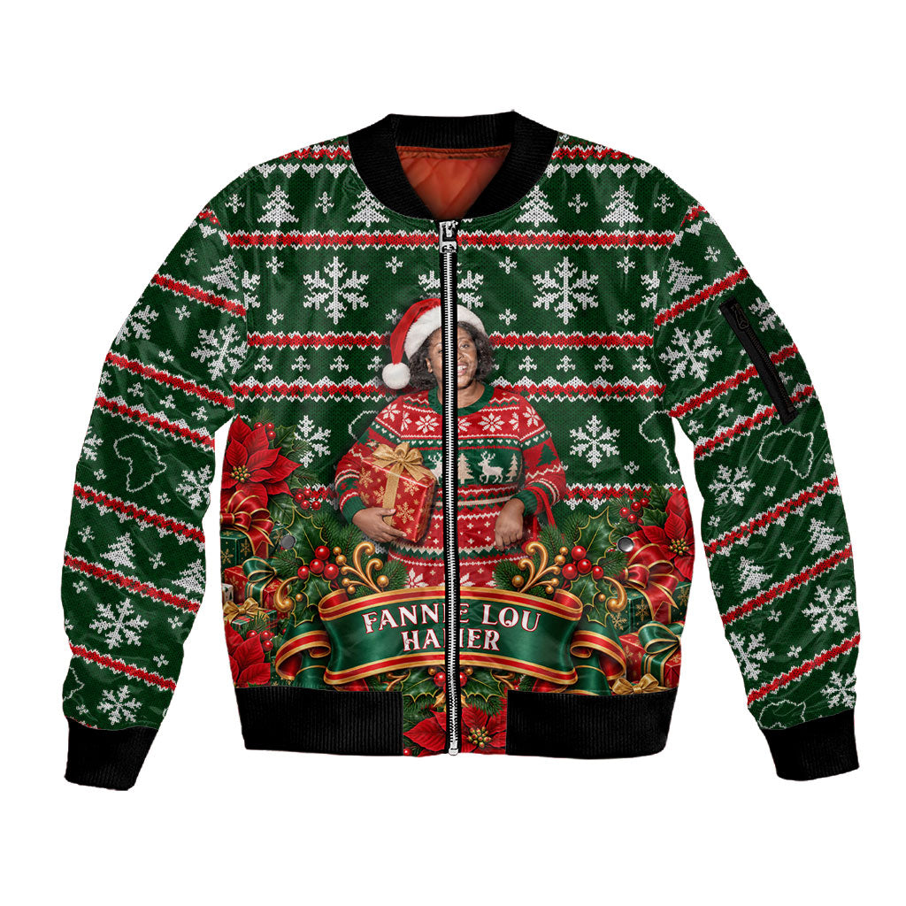 Fannie Lou Hamer Christmas Sleeve Zip Bomber Jacket Retro Ugly Christmas Pattern Civil Rights Activist Pan African