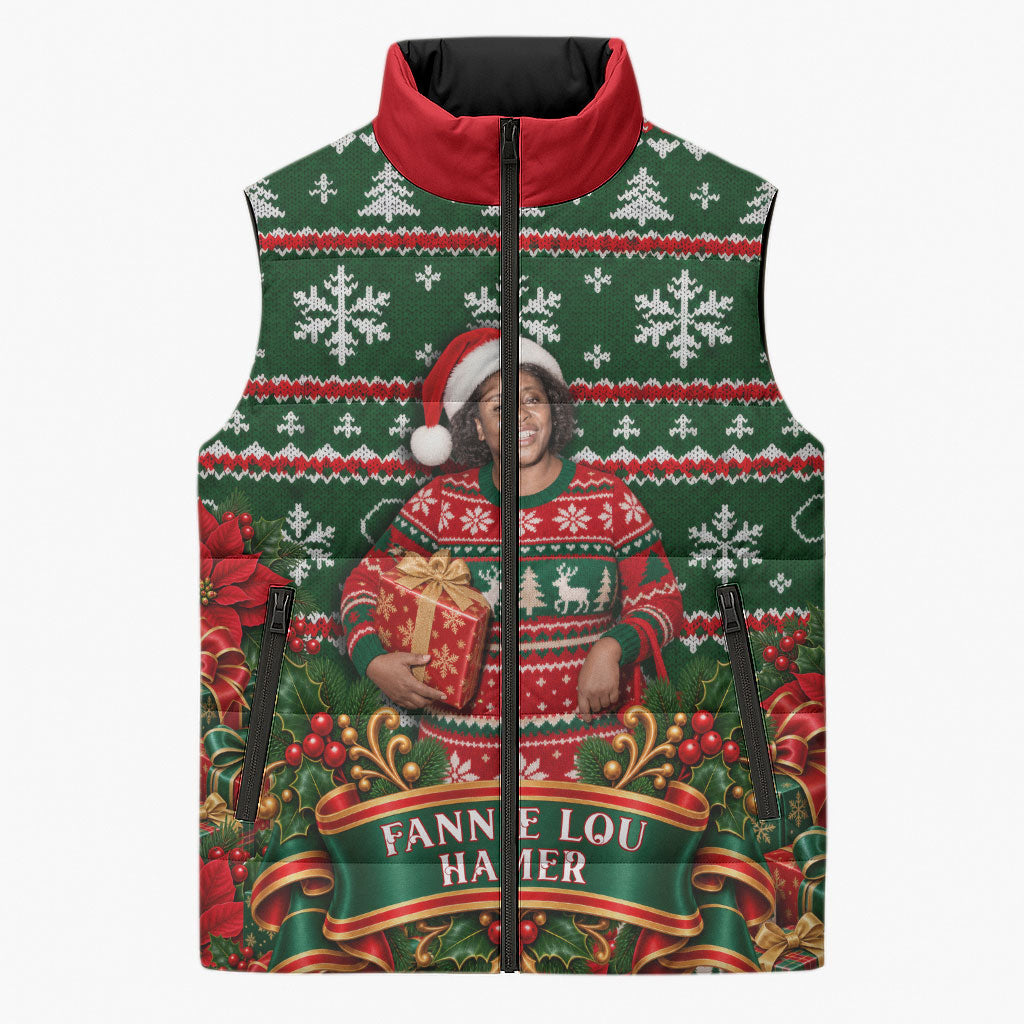 Fannie Lou Hamer Christmas Sleeveless Puffer Jacket Retro Ugly Christmas Pattern Civil Rights Activist Pan African