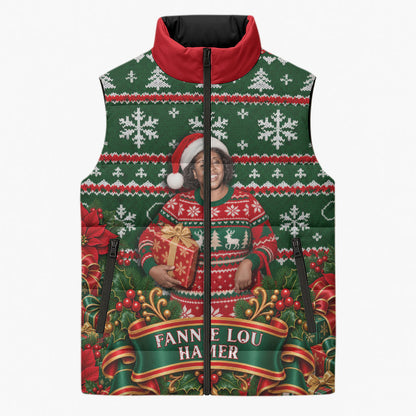 Fannie Lou Hamer Christmas Sleeveless Puffer Jacket Retro Ugly Christmas Pattern Civil Rights Activist Pan African