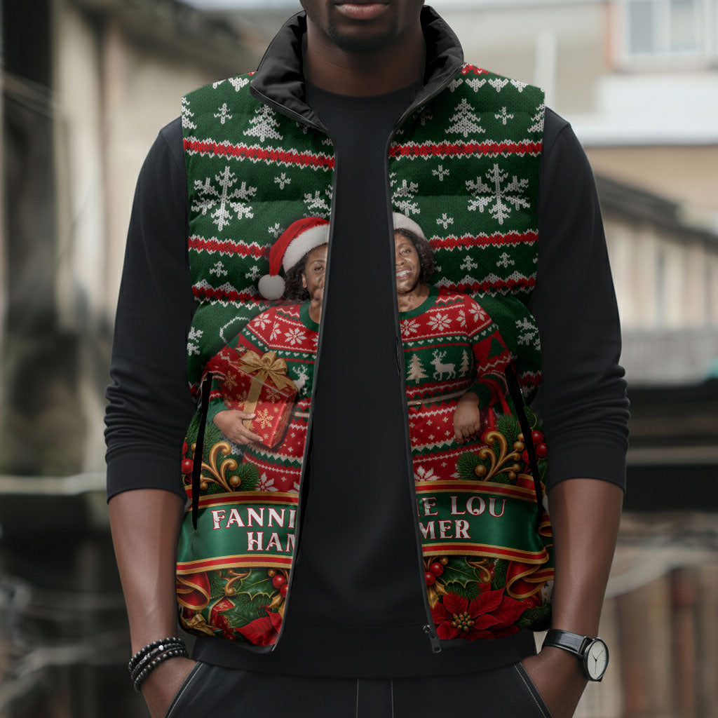 Fannie Lou Hamer Christmas Sleeveless Puffer Jacket Retro Ugly Christmas Pattern Civil Rights Activist Pan African