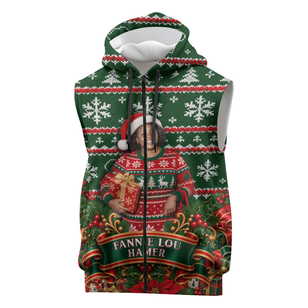 Fannie Lou Hamer Christmas Sleeveless Zip Hoodie Retro Ugly Christmas Pattern Civil Rights Activist Pan African