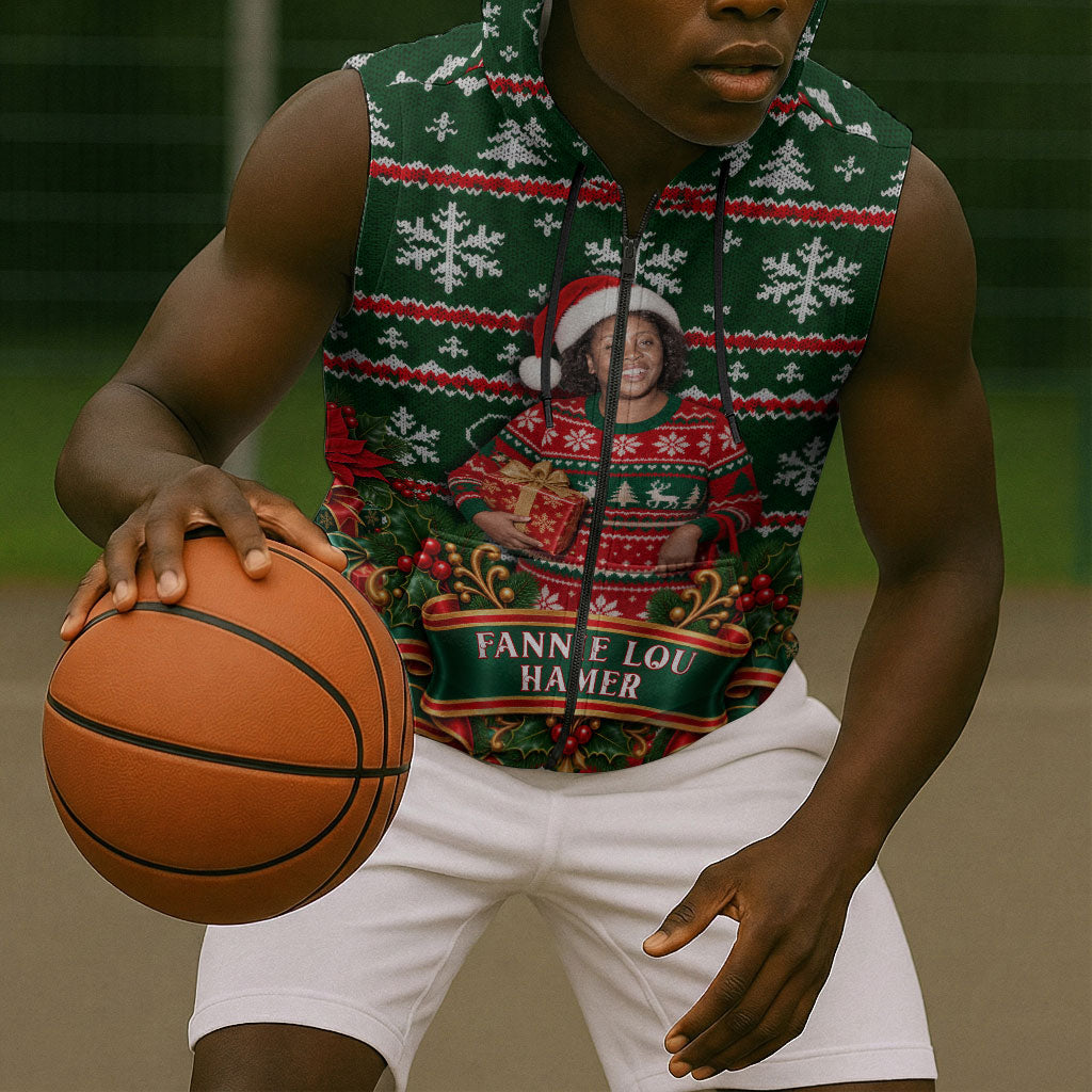 Fannie Lou Hamer Christmas Sleeveless Zip Hoodie Retro Ugly Christmas Pattern Civil Rights Activist Pan African