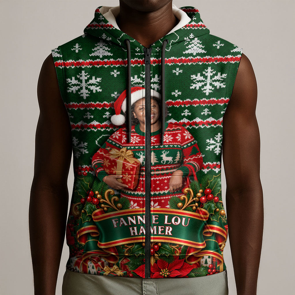 Fannie Lou Hamer Christmas Sleeveless Zip Hoodie Retro Ugly Christmas Pattern Civil Rights Activist Pan African