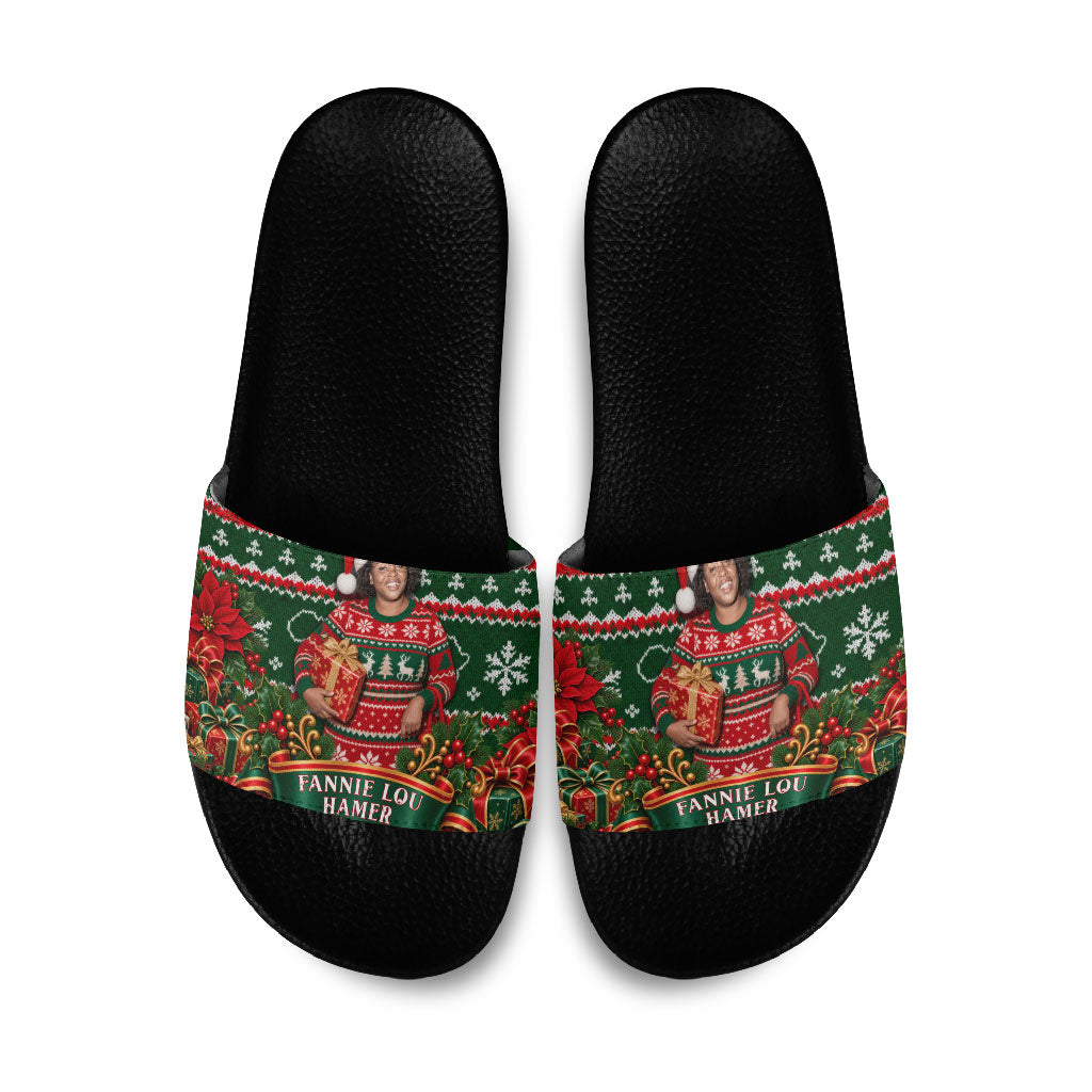 Fannie Lou Hamer Christmas Slide Sandals Retro Ugly Christmas Pattern Civil Rights Activist Pan African