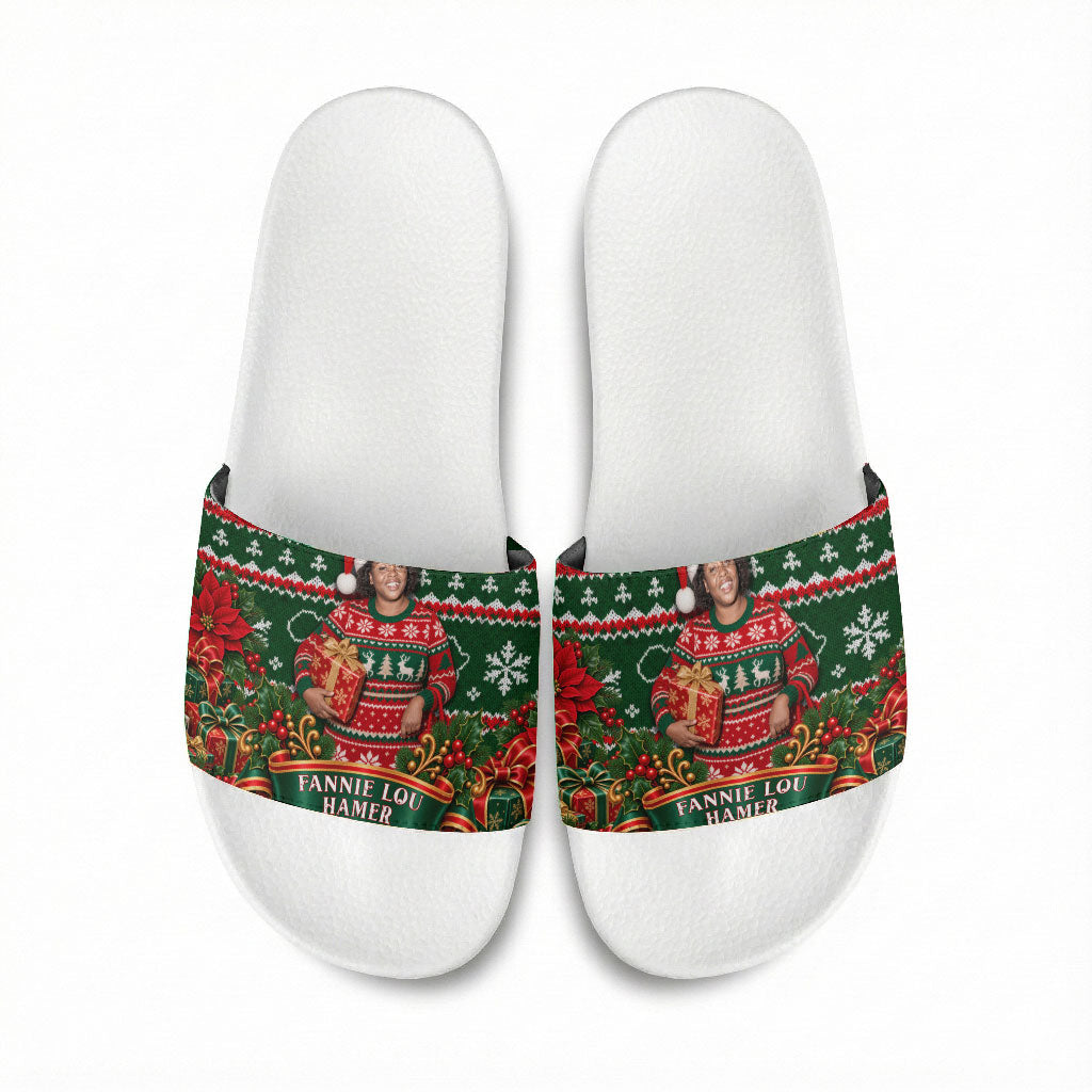 Fannie Lou Hamer Christmas Slide Sandals Retro Ugly Christmas Pattern Civil Rights Activist Pan African