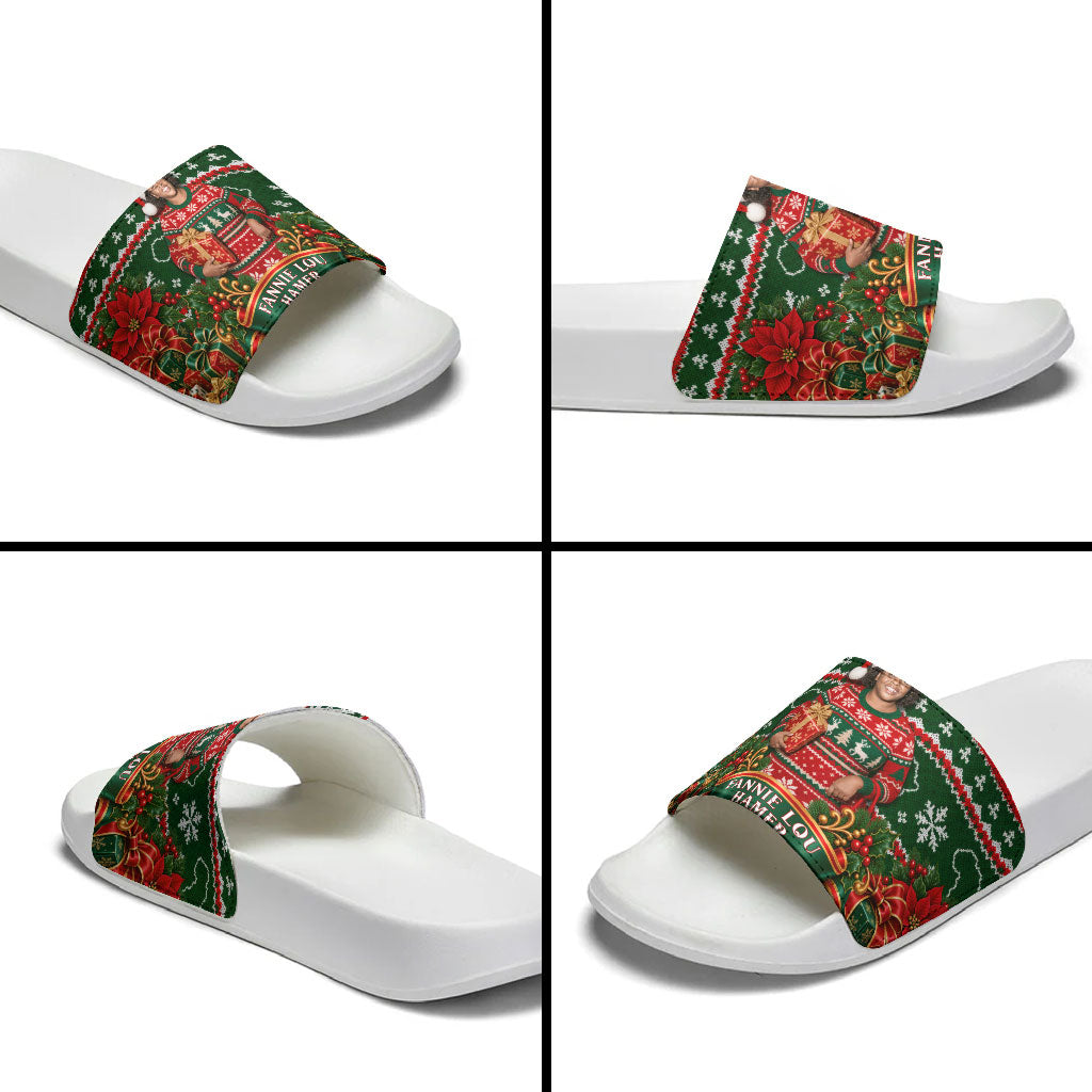 Fannie Lou Hamer Christmas Slide Sandals Retro Ugly Christmas Pattern Civil Rights Activist Pan African