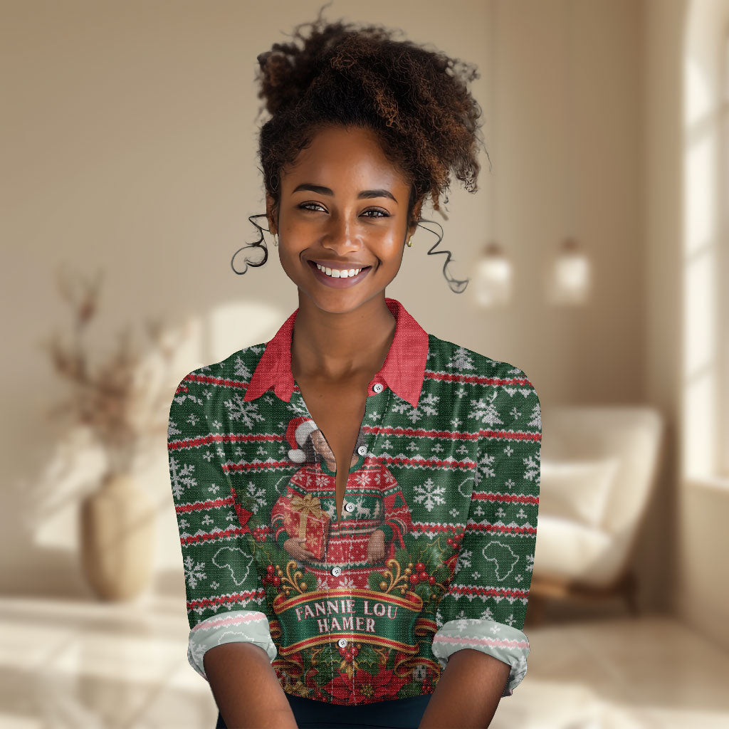Fannie Lou Hamer Christmas Women Casual Shirt Retro Ugly Christmas Pattern Civil Rights Activist Pan African